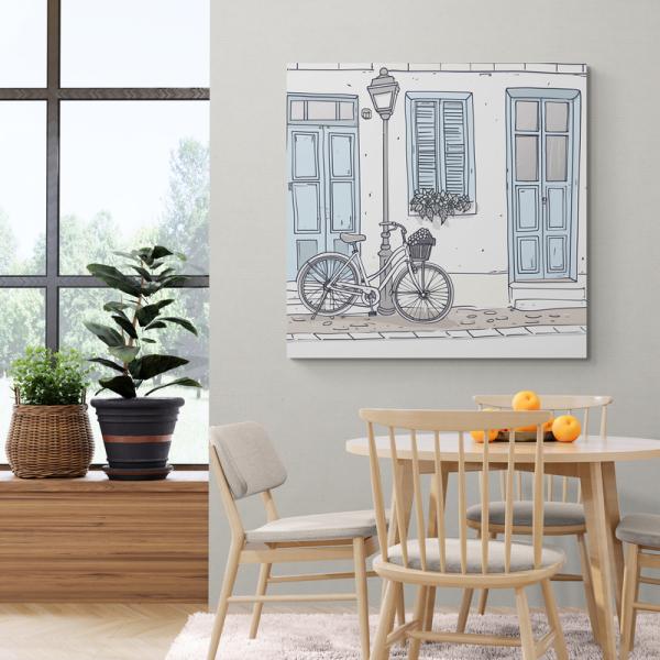 איור אורבני של רחוב שקט עם אופניים וחלונות בגוונים בהירים